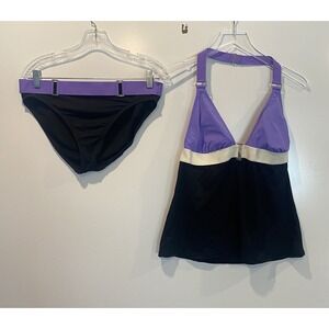 Anne Cole Signature Tankini Swimsuit Set Purple Black Colorblock Halter Large
